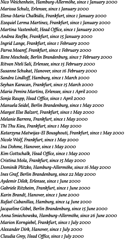 Nico Weichenhein, Hamburg-Allermöhe, since 1 January 2000 Marissa Schulz, Erlensee, since 1 January 2000 Elena-Maria    
