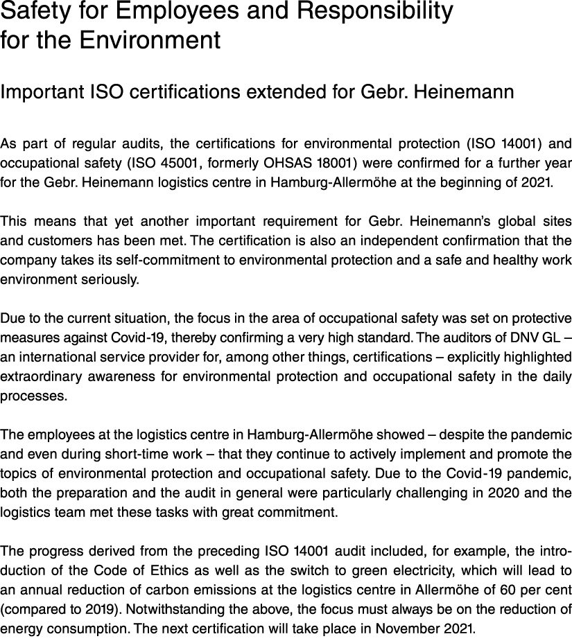 Safety for Employees and Responsibility for the Environment Important ISO certifications extended for Gebr  Heinemann   